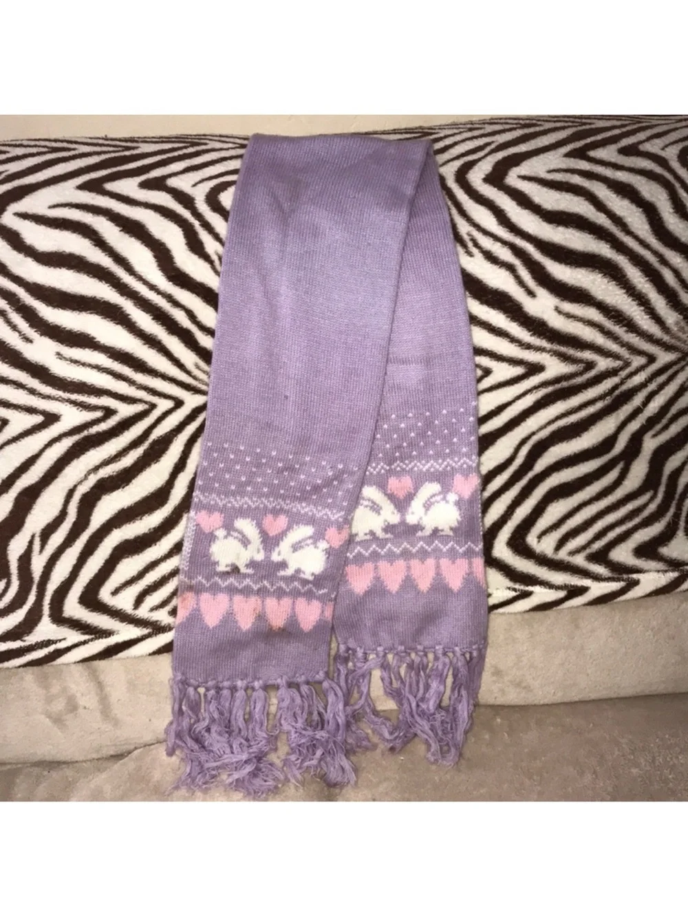 Vintage Lilac pink and white Knit Scarf with Bunny and Heart Motif stained